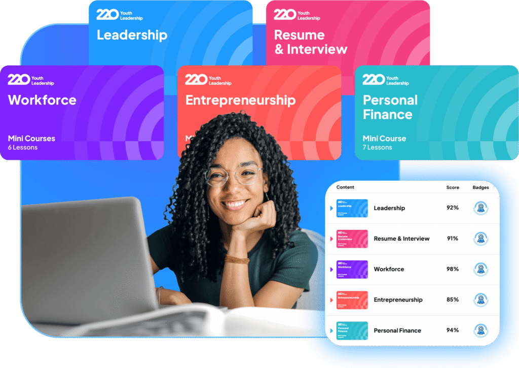 Female student with laptop with floating LMS screen and Mini Courses cards that read as follows: Leadership, Resume & Interview, Workforce, Entrepreneurship, and Personal Finance