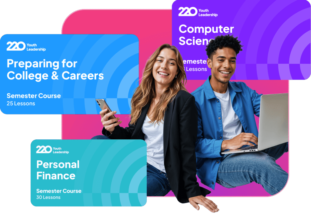 Two students sitting back to back with devices, a phone and a laptop, with floating Semester Course cards around them that read as follows: Preparing for College & Careers, Computer Science, and Personal Finance