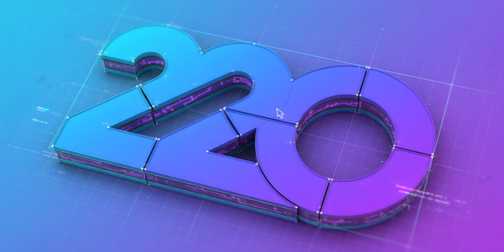 3D concept art of an extruded 220 logo being digitally constructed