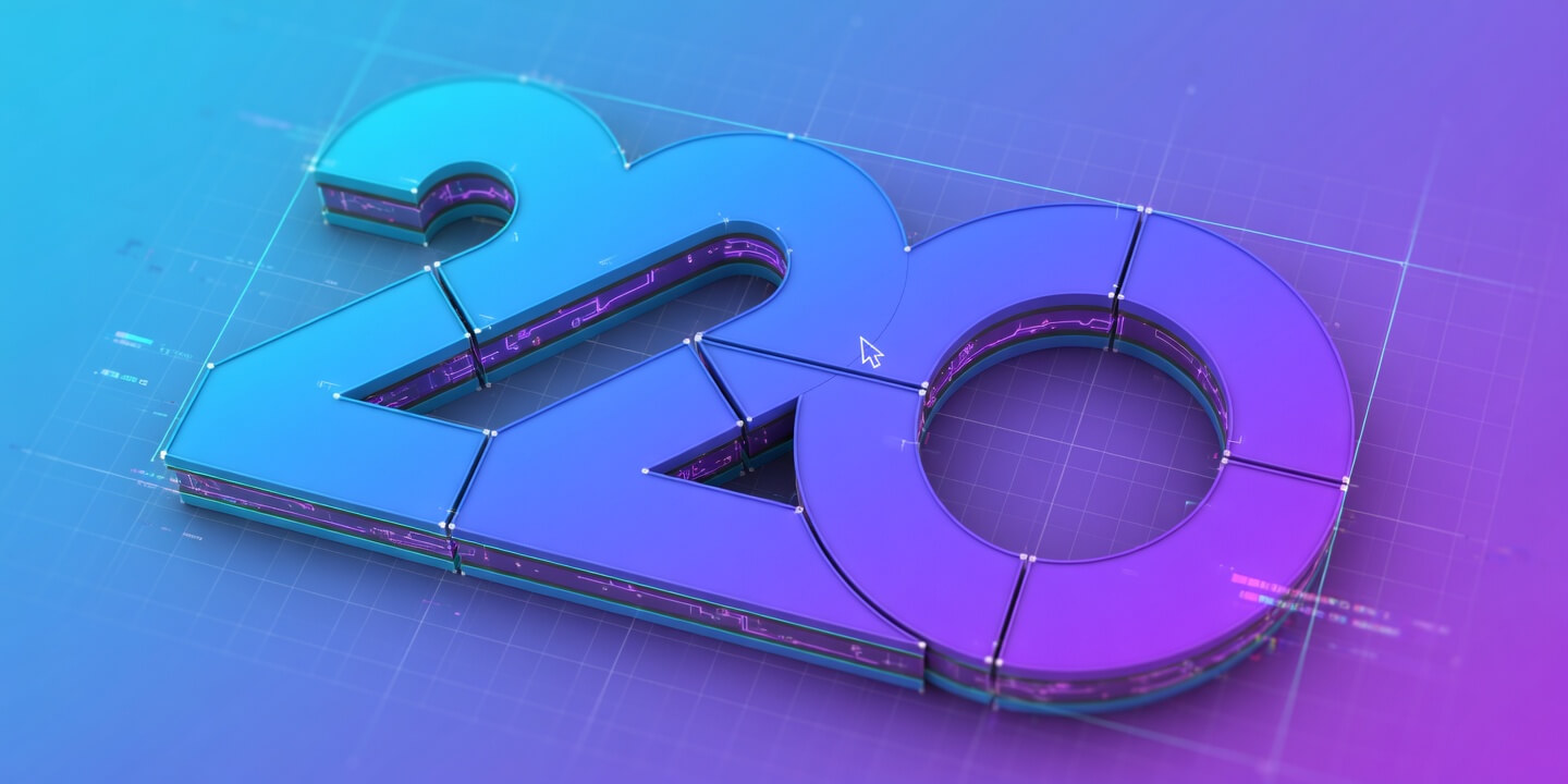 3D concept art of an extruded 220 logo being digitally constructed