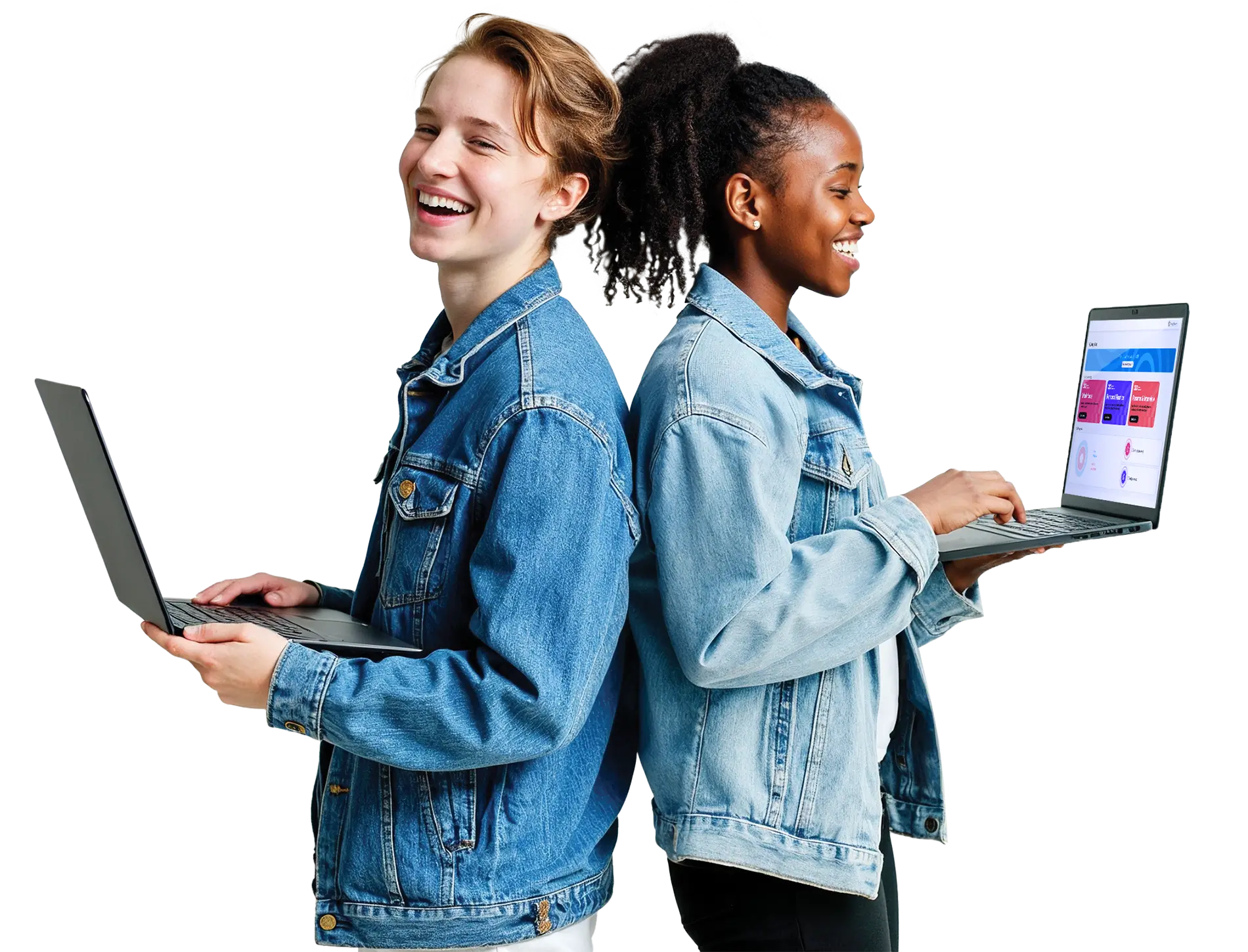 graduation requirements: Two students back to back holding open laptops featuring 220’s LMS