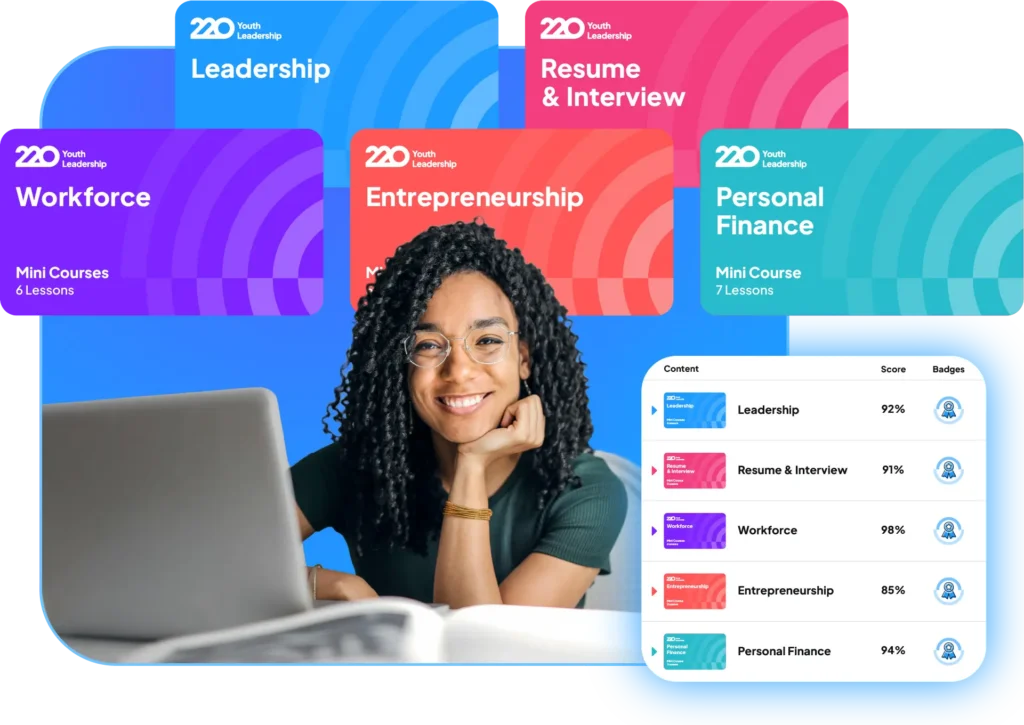 Female student with laptop with floating LMS screen and Mini Courses cards that read as follows: Leadership, Resume & Interview, Workforce, Entrepreneurship, and Personal Finance