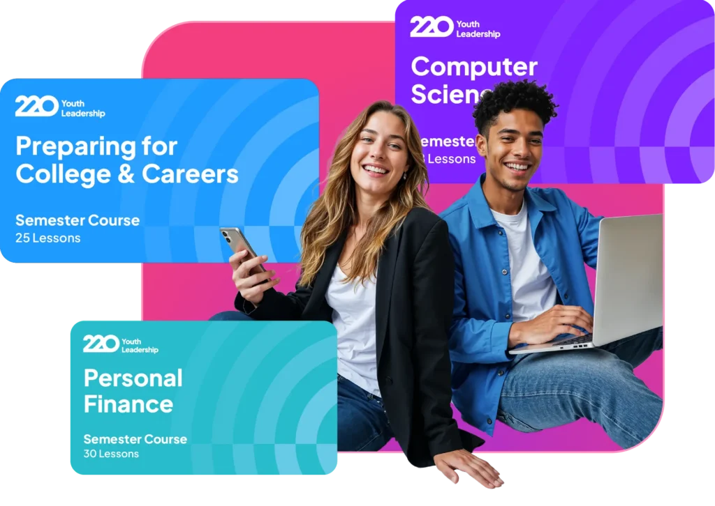 Two students sitting back to back with devices, a phone and a laptop, with floating Semester Course cards around them that read as follows: Preparing for College & Careers, Computer Science, and Personal Finance