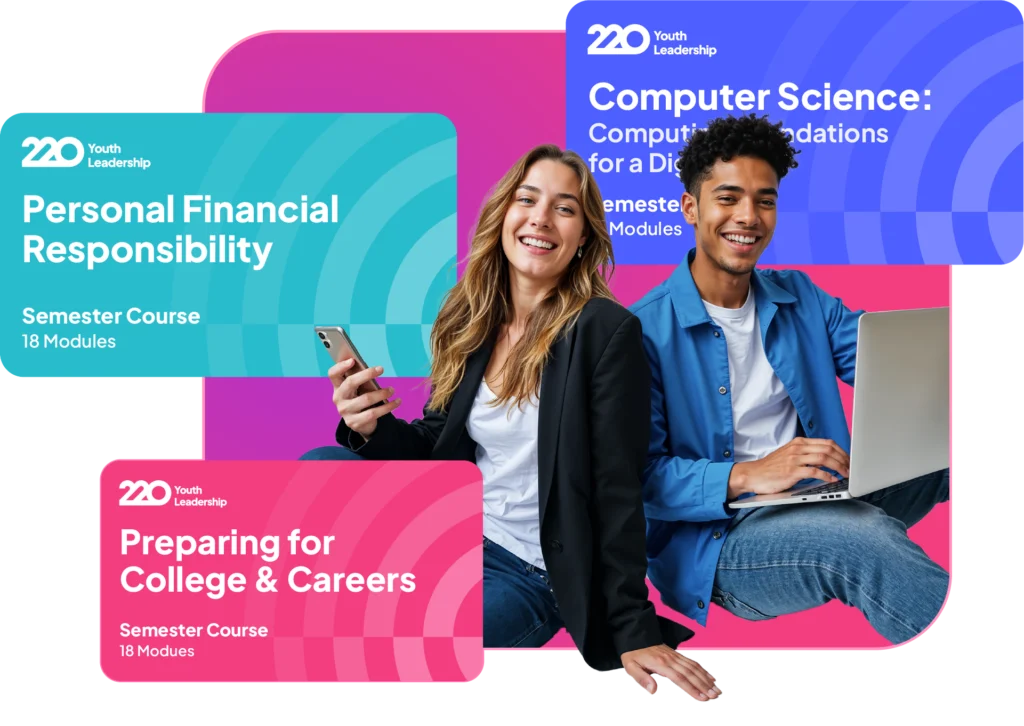 Semester Courses: Two students sitting back to back with devices, a phone and a laptop, with floating Semester Course cards around them that read as follows: Preparing for College & Careers, Computer Science, and Personal Financial Responsibility