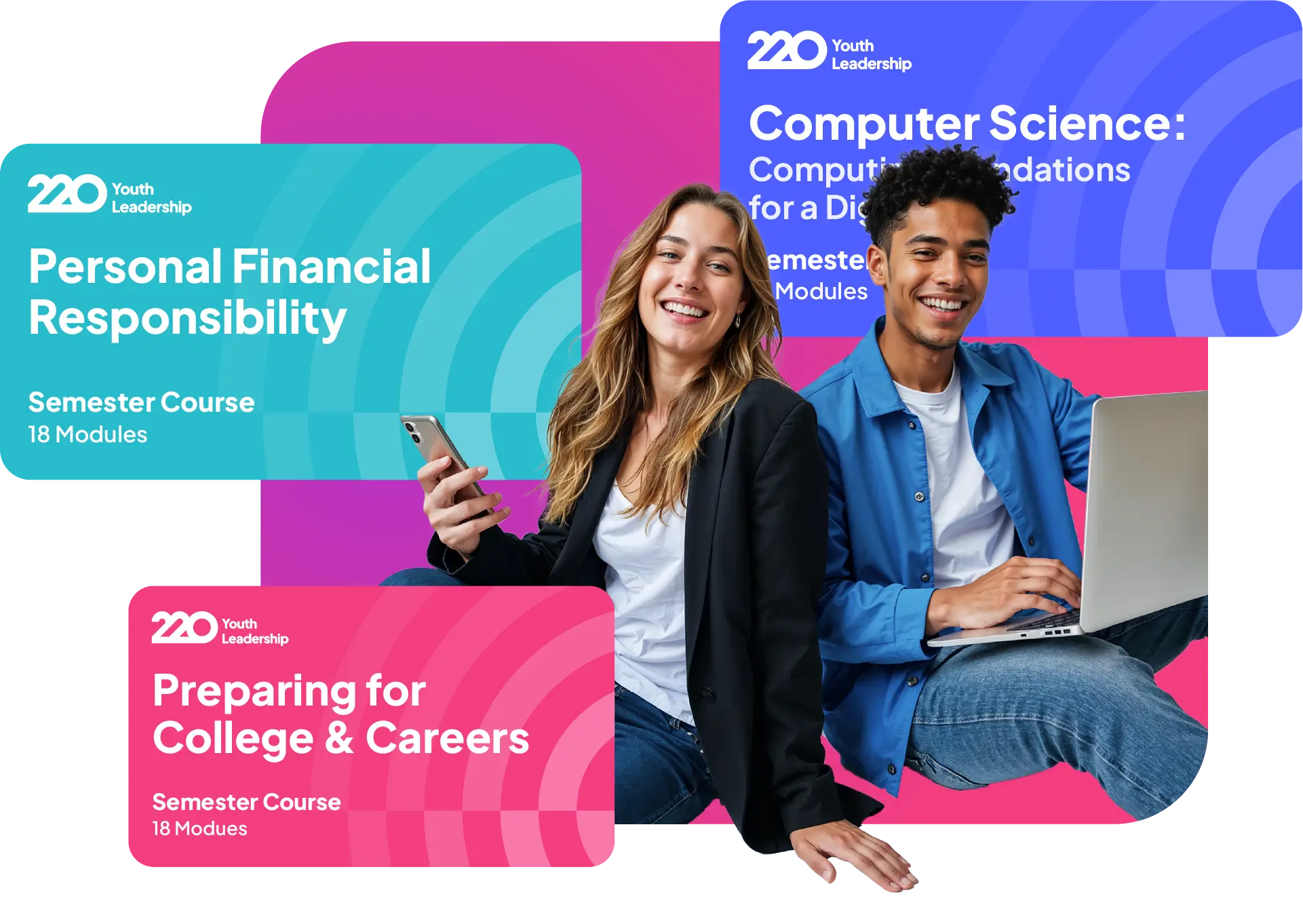 Semester Courses: Two students sitting back to back with devices, a phone and a laptop, with floating Semester Course cards around them that read as follows: Preparing for College & Careers, Computer Science, and Personal Financial Responsibility