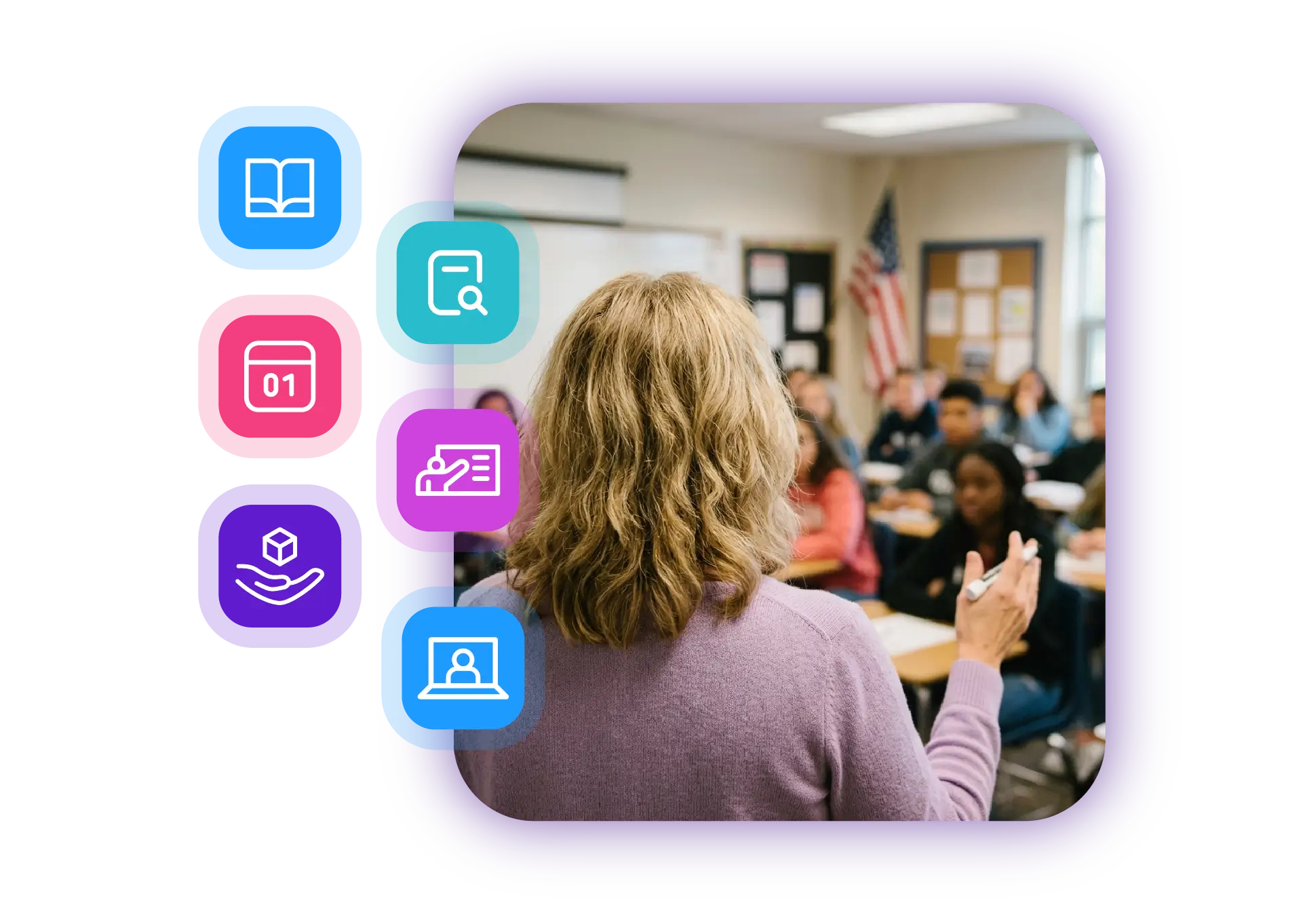 Image of a teacher instructing a class and icons that represent: lesson plans, pacing guides, instructional activities, assessments, teacher training, and live support