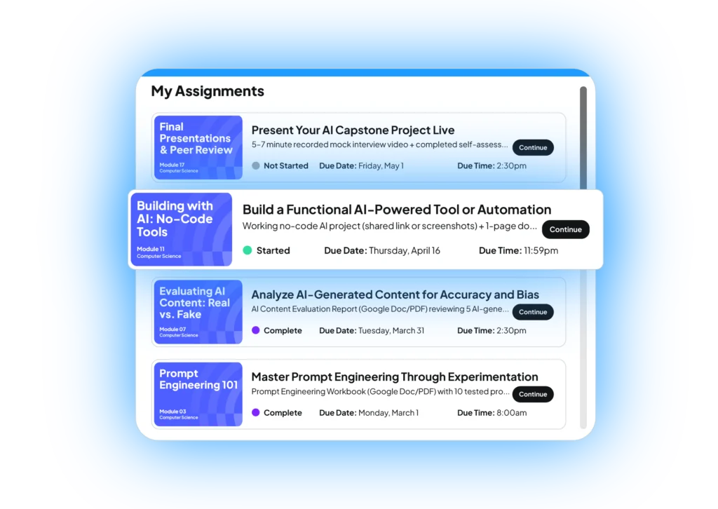 User interface of student’s assignments related to Computer Science course