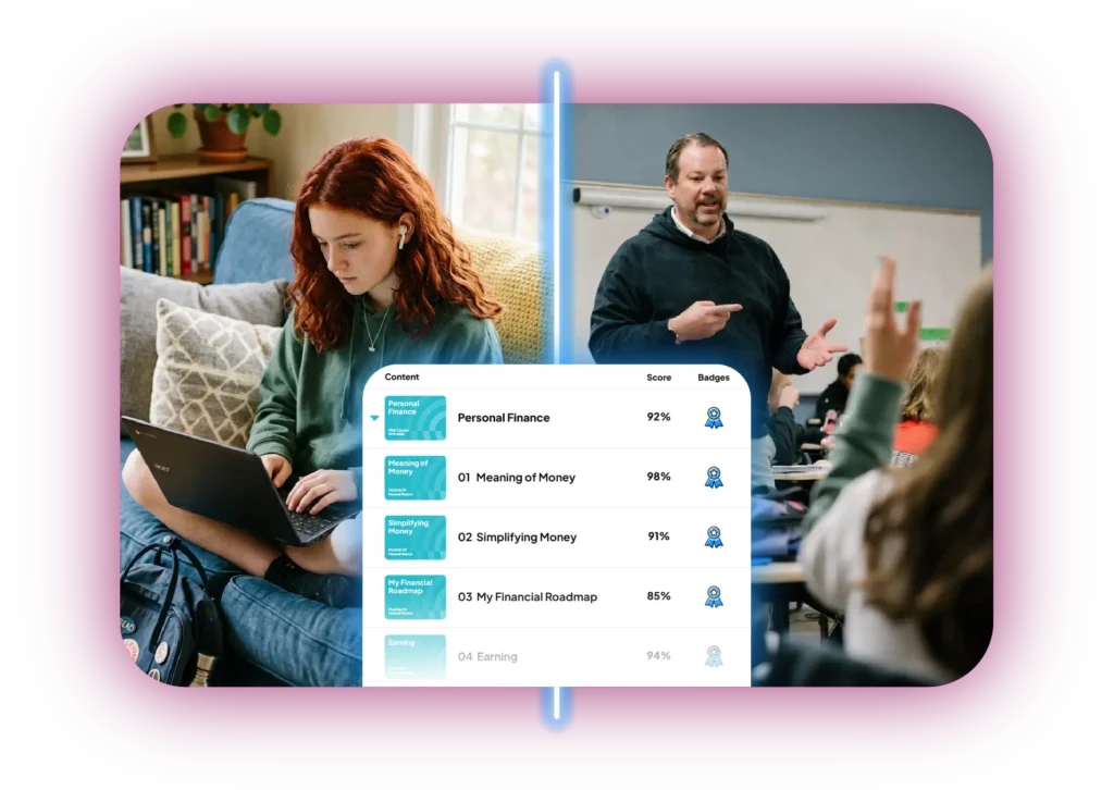 Split screen of a student working on a course self-paced and a teacher facilitating course overlayed by a user interface of courses