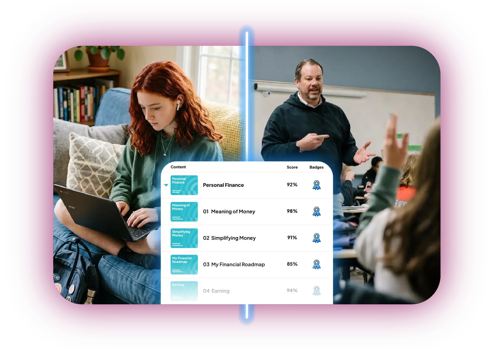 Split screen of a student working on a course self-paced and a teacher facilitating course overlayed by a user interface of courses