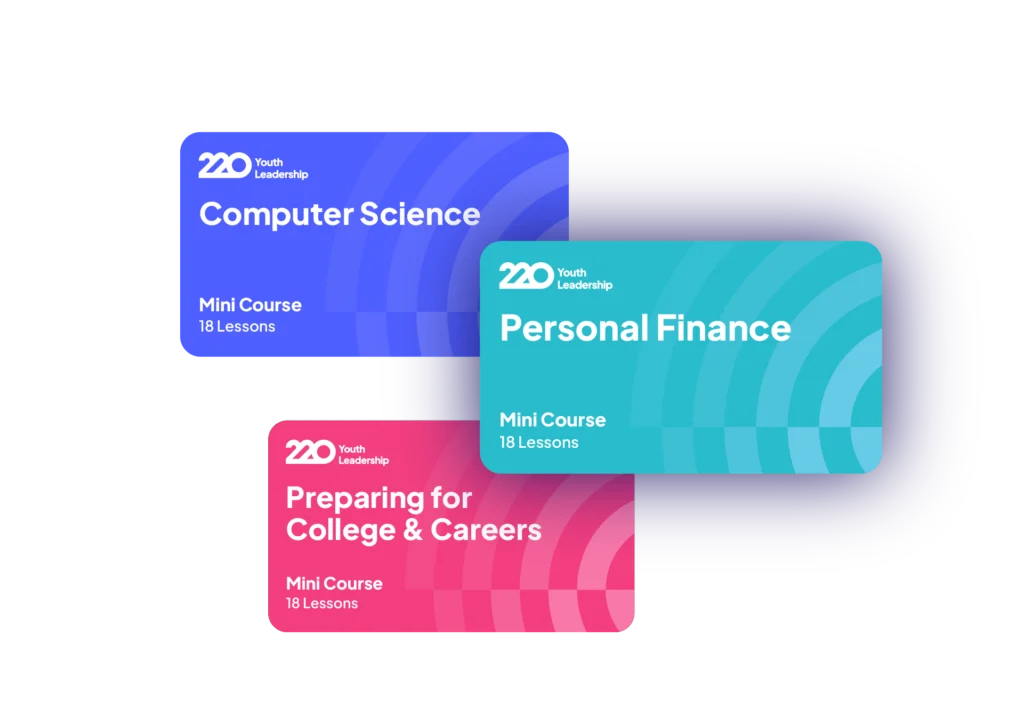 Course cards featuring mini courses that are aligned to Indiana Academic Standards: Computer Science, Personal Finance, and Preparing for College and Careers