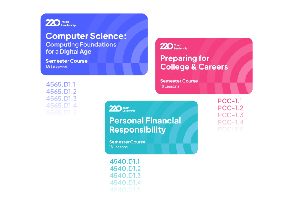 Semester course cards with standards covered fading beneath them: Computer Science, Preparing for College & Careers, and Personal Financial Responsibility